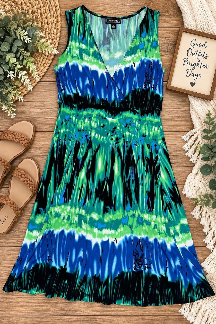 Elementz Women’s Large Blue Green Abstract Tie Dye Sleeveless Surplice Midi Dres